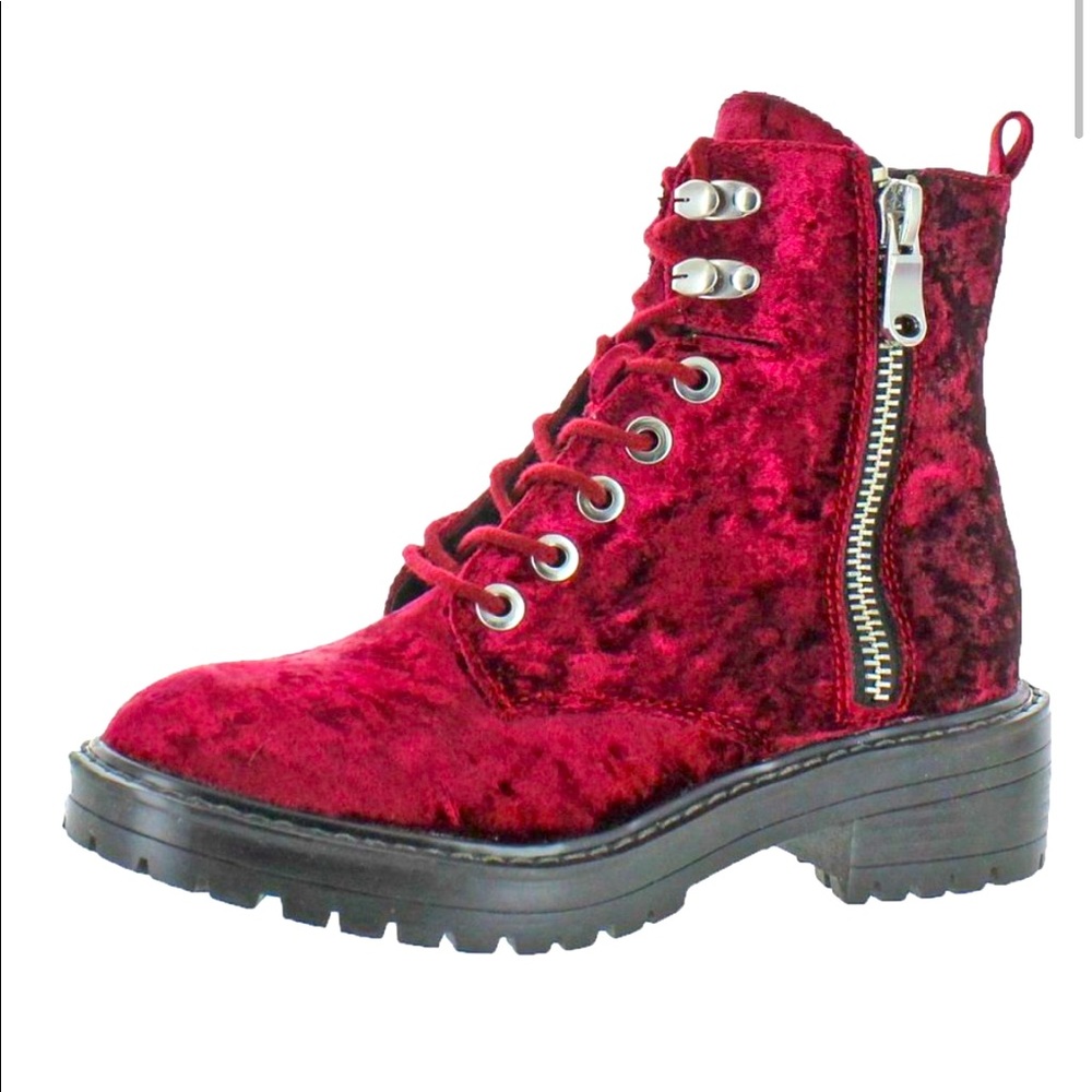 Steve Madden Velvet Lace-Up Ankle Combat Boots Red